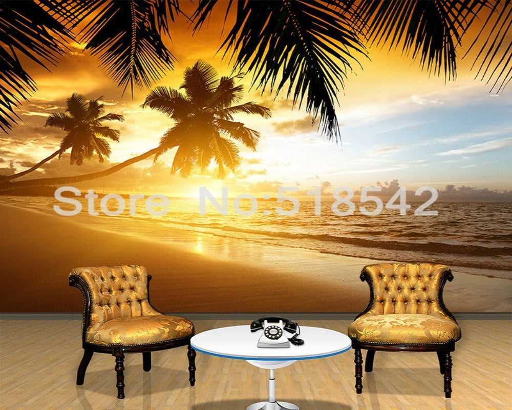 3D Wallpaper Sunset Glow Coconut Sea SKU# WAL0276